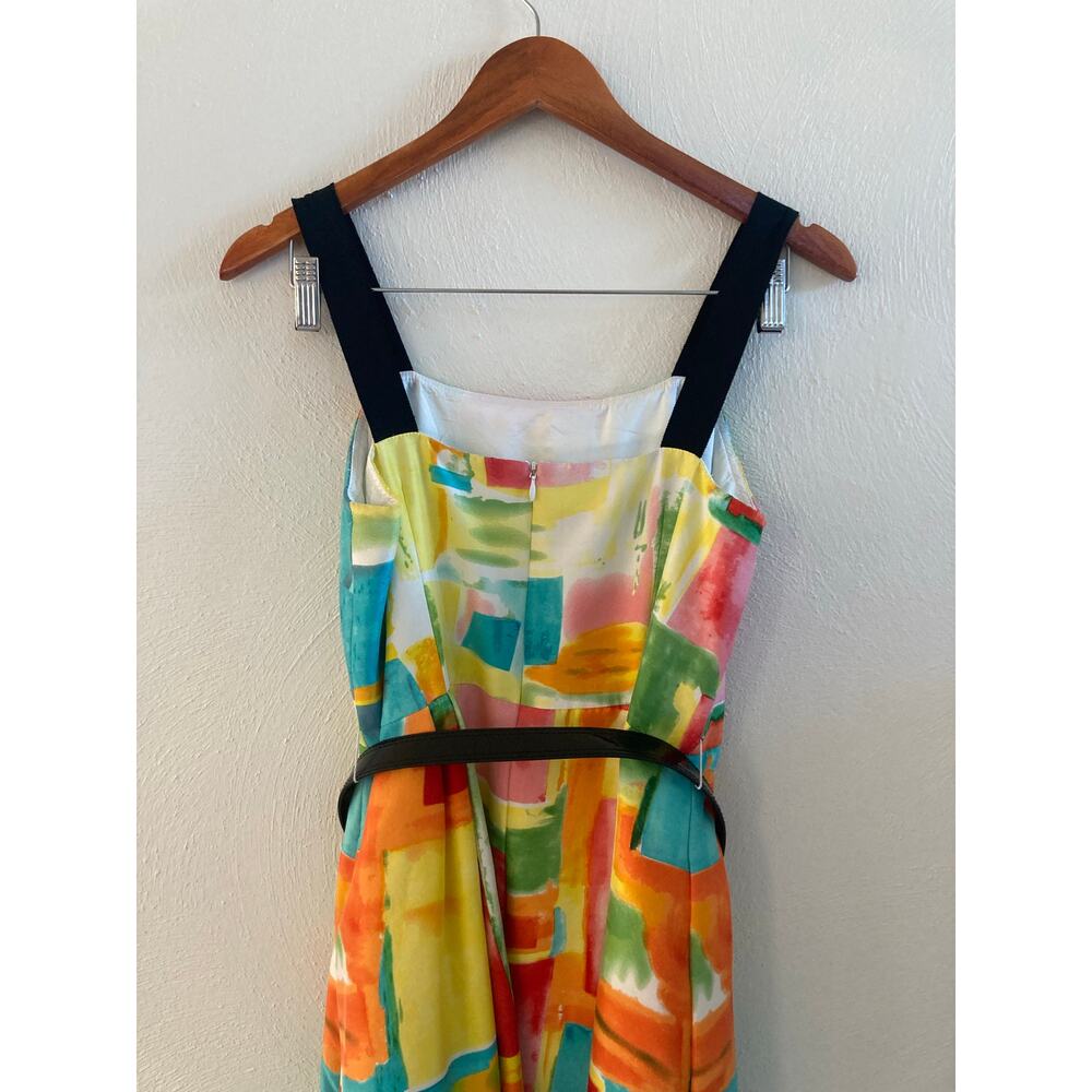 Rickie Freeman Teri Jon Silk Watercolor Abstract Stripe Colorful Belted Dress 8 - Picture 10 of 15